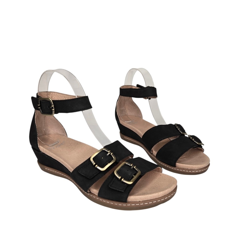 Dansko Astrid Black Nubuck Leather Buckle Wedge Sandals Women's EU37 US 6.5 - 7
